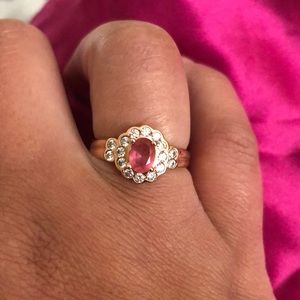 Lab created Dark pink topaz in a double rose gold plated band ring